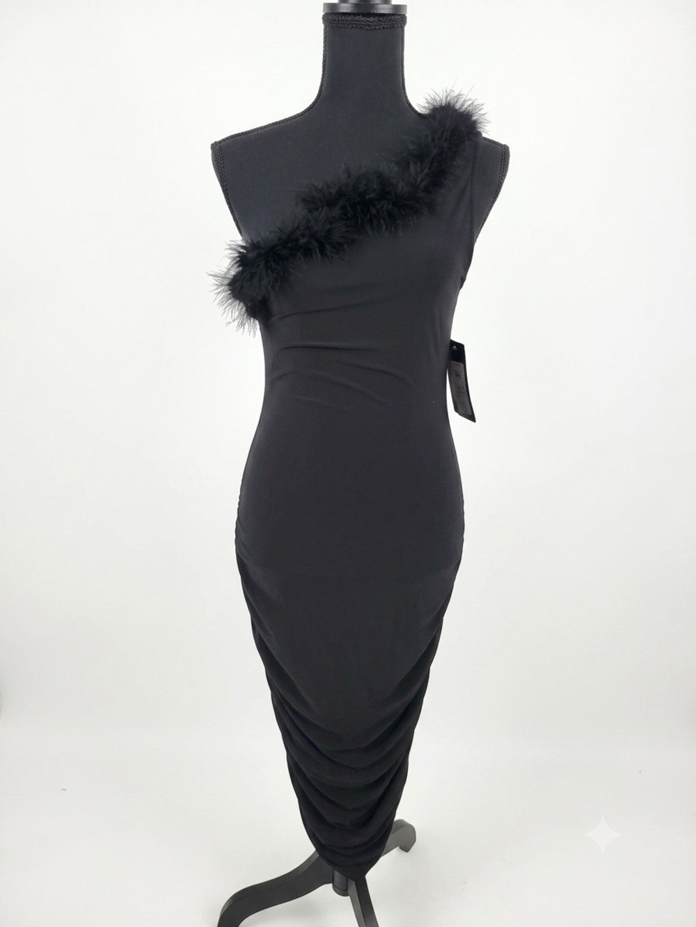 bebe Black One-Shoulder Feather-Trim Midi Dress - Picture 1 of 4